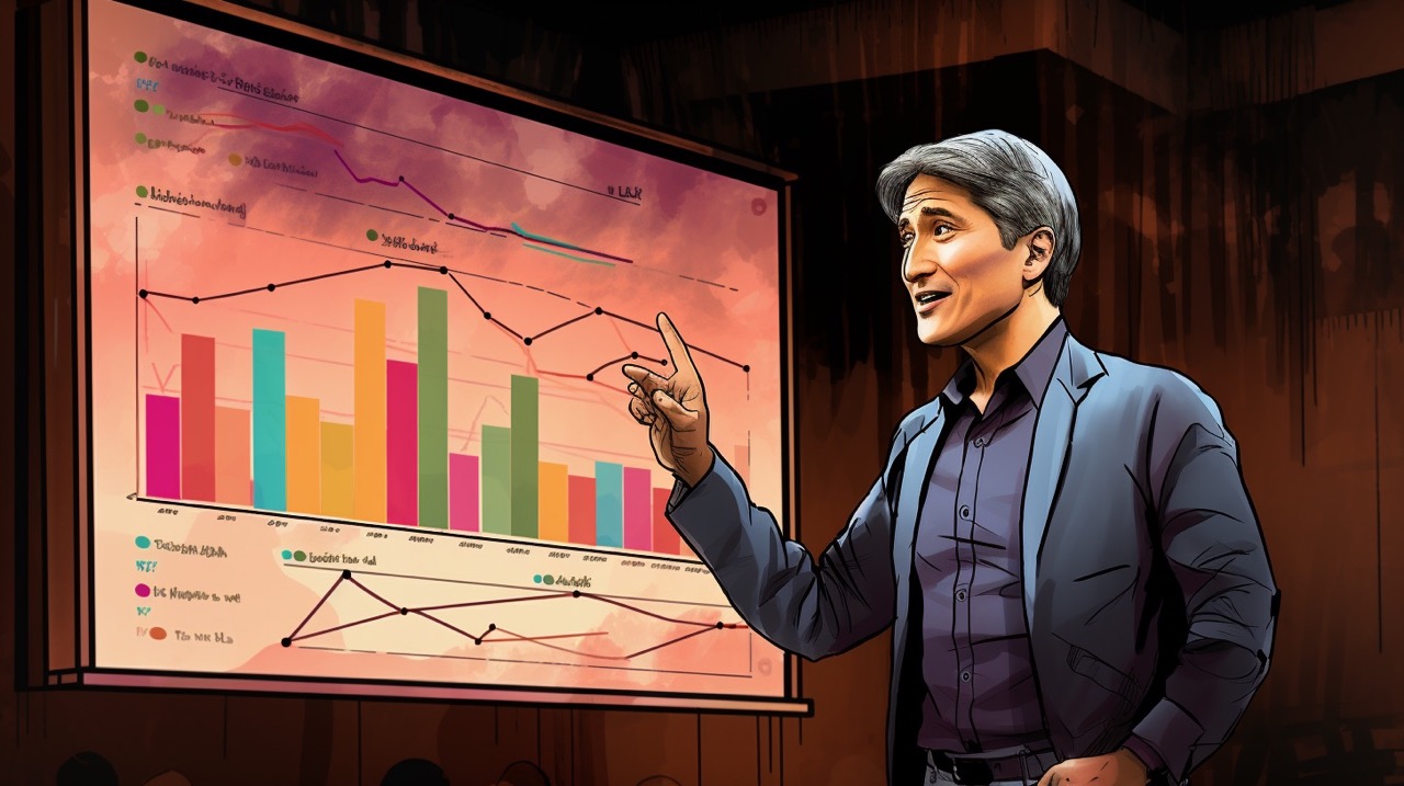 A colorful illustration showing Guy Kawasaki at a lectern in front of a screen with a huge bar chart on it.