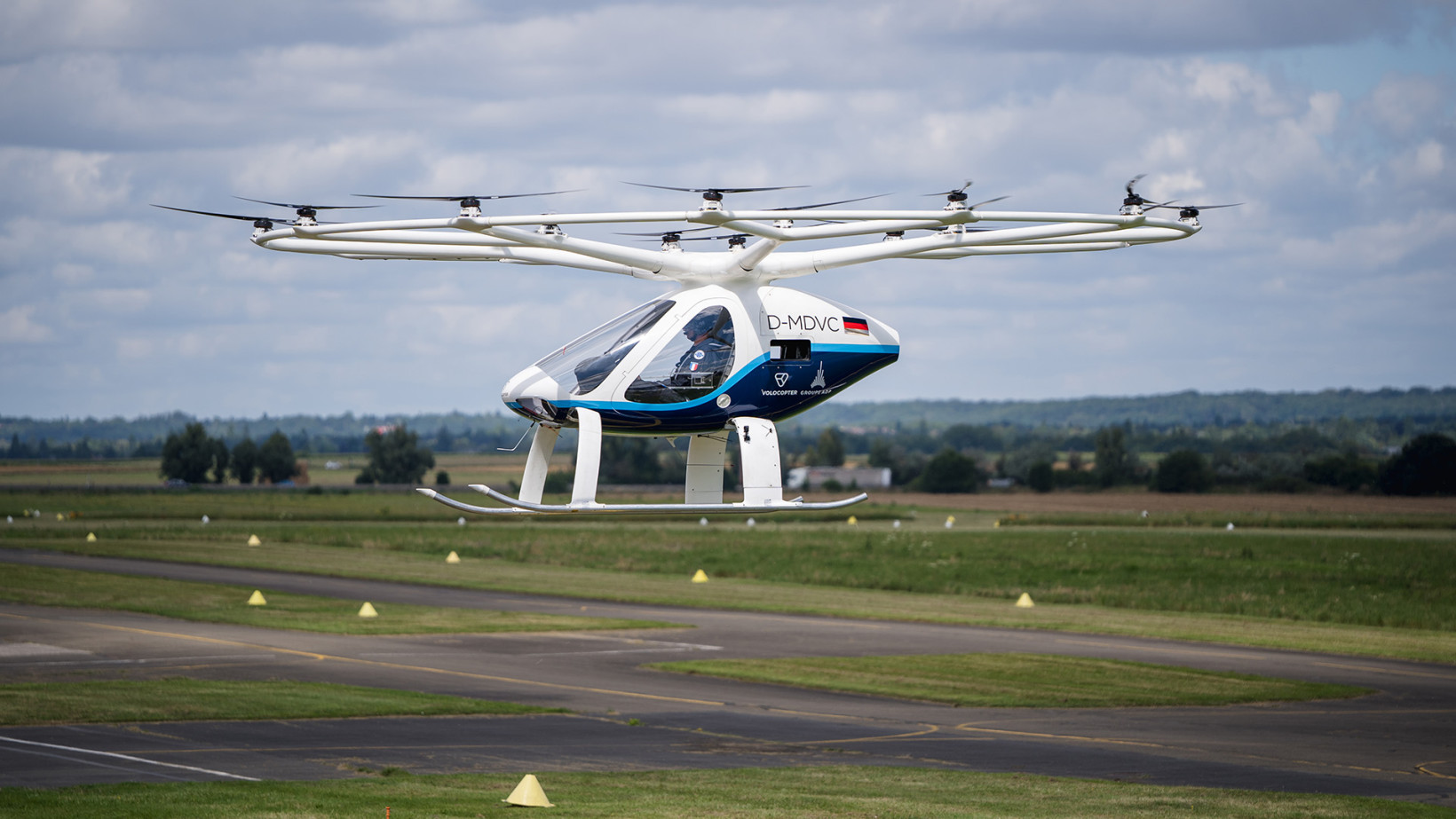 a crewed volocopter air taxi being tested at the Saint Cyr l'Ecole aerodrome on Thursday 8 August 2024. 