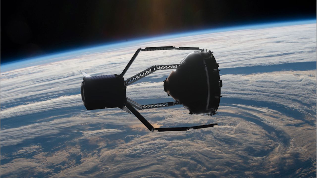 A ClearSpace spacecraft collecting space trash