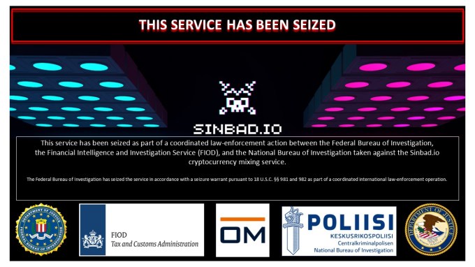 The seizure notice displayed on the website of Sinbad, a Bitcoin mixing service accused of helping North Korean hackers launder stolen crypto.