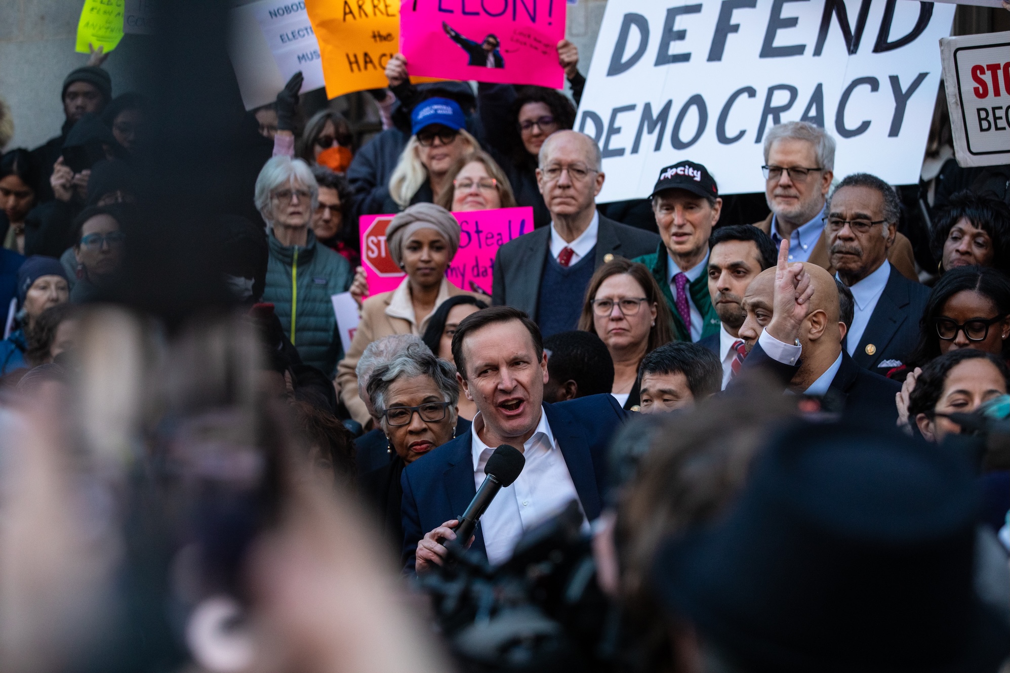 U.S. Sen. Chris Murphy (D-CT) speaks to a crowd gathered in front of the U.S. Treasury Department in protest of Elon Musk and the Department of Government Efficiency on February 4, 2025 in Washington, DC. Several Democratic members of conference joined the rally to protest Musk's access to the payment system of the Treasury, which houses the private information of millions of Americans.