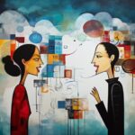 Abstract painting of two people speaking different languages with speech bubbles.
