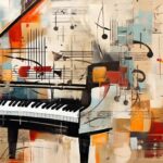 Abstract painting of classical music, a piano, and sheet music.