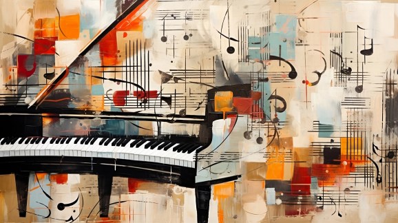 Abstract painting of classical music, a piano, and sheet music.