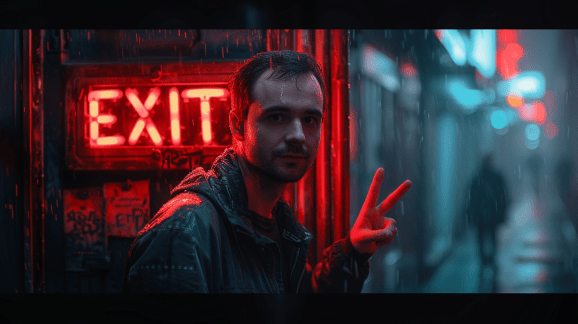 illustration of AI researcher Andrej Karpathy holding a peace sign and heading for the door in an industrial bar lit by a neon red exit sign
