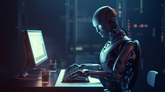 A humanoid robot is seated at a desk and types on a computer in a darkened room.
