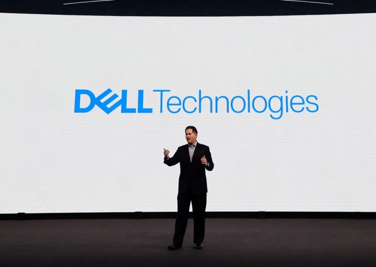 Michael Dell, Chairman and CEO of Dell Technologies, is speaking in front of the Dell logo during the ''New Strategies for a New Era'' keynote at the Mobile World Congress in Barcelona, Spain, on February 27, 2024. (Photo by Joan Cros/NurPhoto via Getty Images)