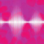 grapic depiction of white soundwaves on pinkish background