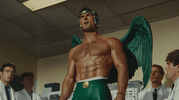 Shirtless muscular masculine Ancient Greek god wearing helmet and green wings stands in science lab surrounded by scientists in white coats