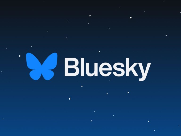 Bluesky logo (a butterfly) on a field of stars