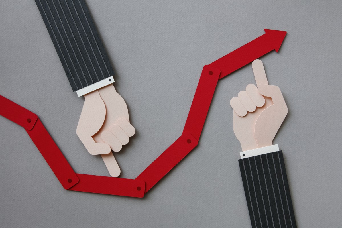 Paper craft illustration of male hand and increase chart. Bull market concept.