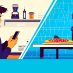 Cartoon colorful image of bearded brunette man placing order on app to a pizza shop robot against a blue background