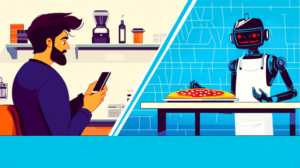 Cartoon colorful image of bearded brunette man placing order on app to a pizza shop robot against a blue background