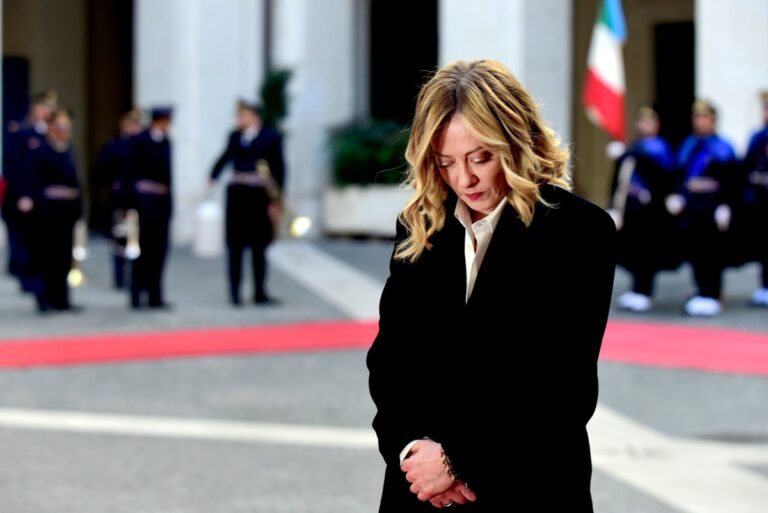 Italian Prime Minister Giorgia Meloni waits in the courtyard for the President of the Slovak Republic, Peter Pellegrini at Palazzo Chigi on January 14, 2025 in Rome, Italy.